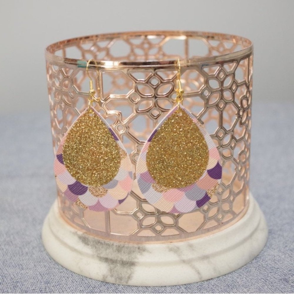 Dark Purple Pink Gold w/ Gold GLitter Mermaid Scale Teardrop Earrings
